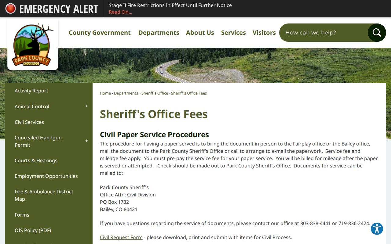 Park County sheriff fee page showing records and case photo fee context