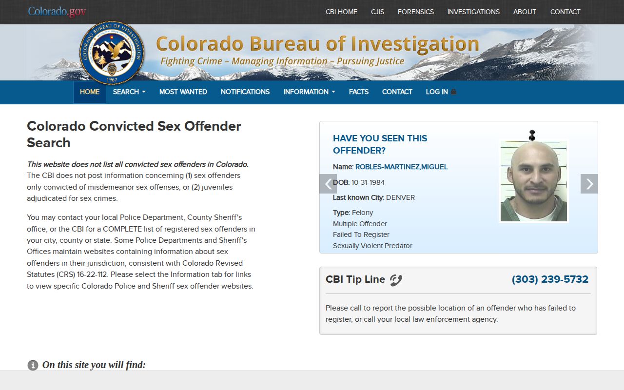 Colorado Bureau of Investigation registry channel, separate from general Park County released mugshots