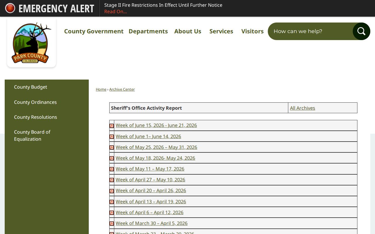 Park County sheriff activity report archive used as official local context, not a mugshot gallery