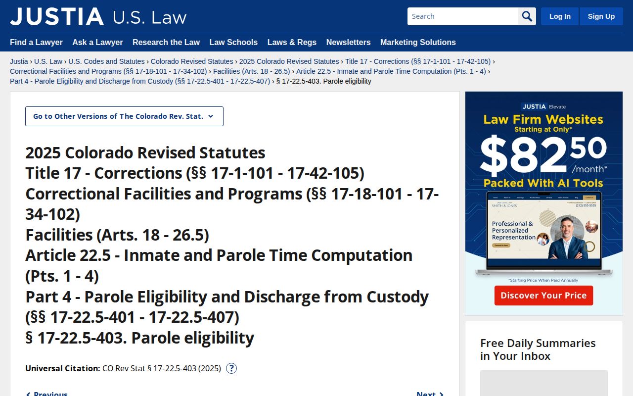 Park County projected release date Colorado parole eligibility statute