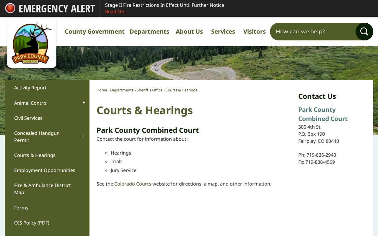 Park County courts and hearings page relevant to weekend release confirmation
