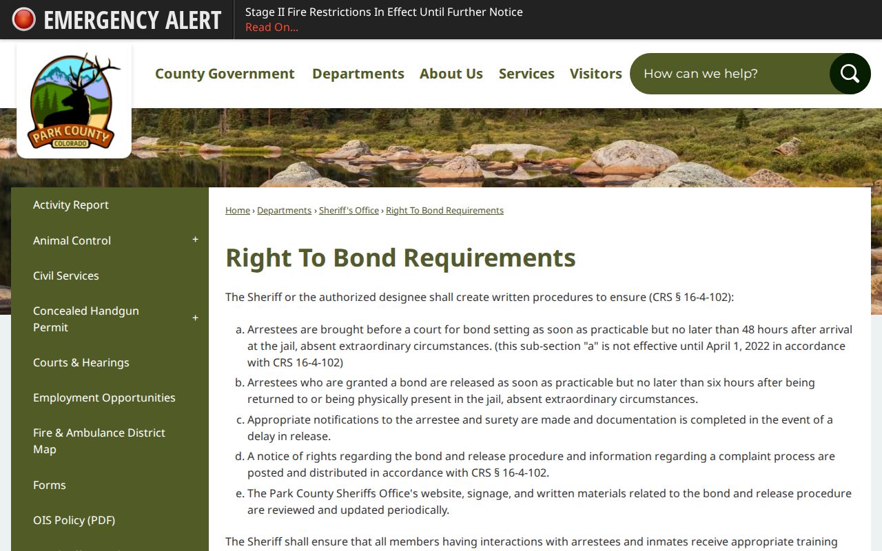 Park County Right To Bond Requirements page used for same-day release timing